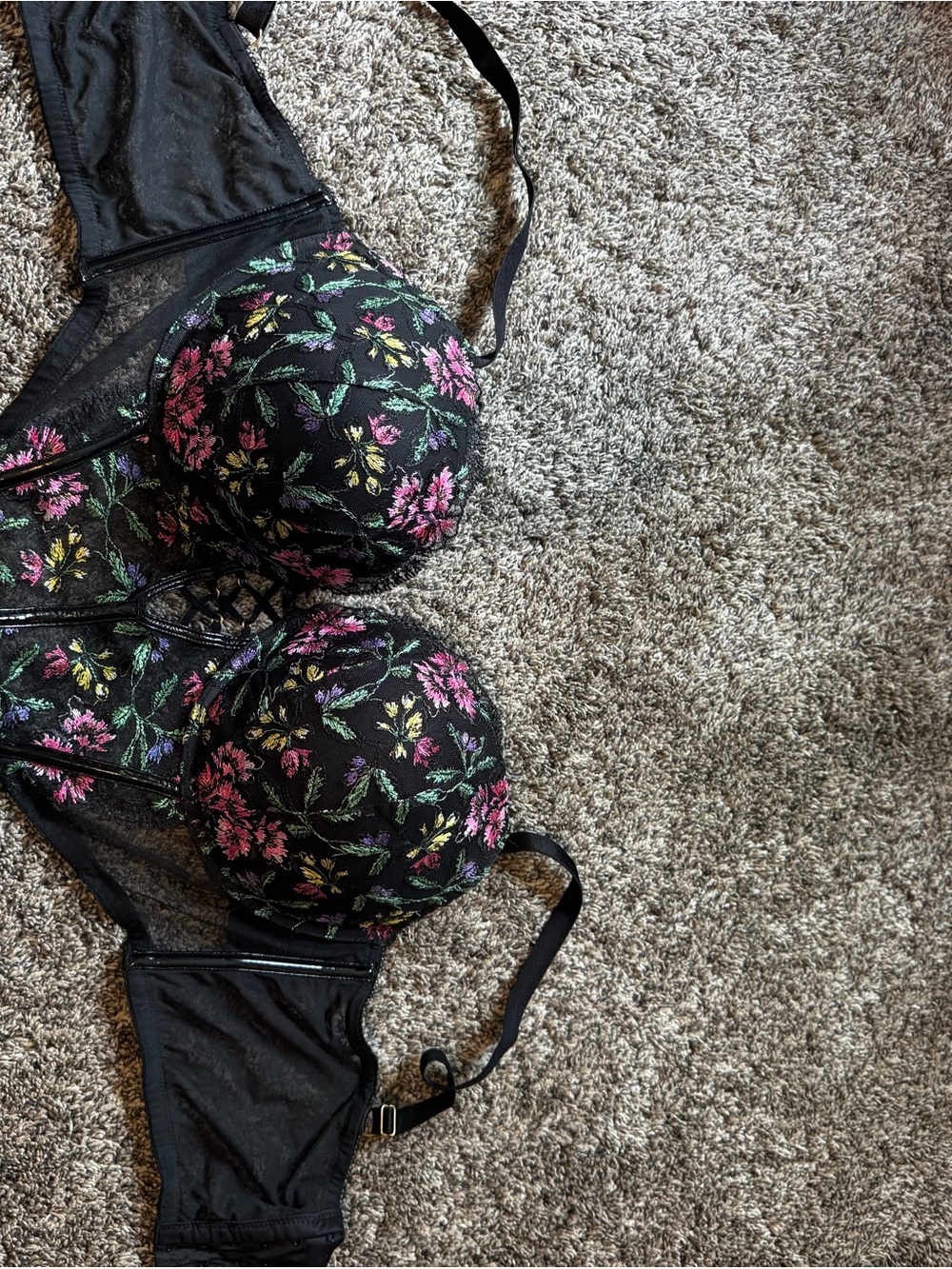 Victoria's Secret Black Floral Embroidered Push-Up Bra with Pink & Green Accents